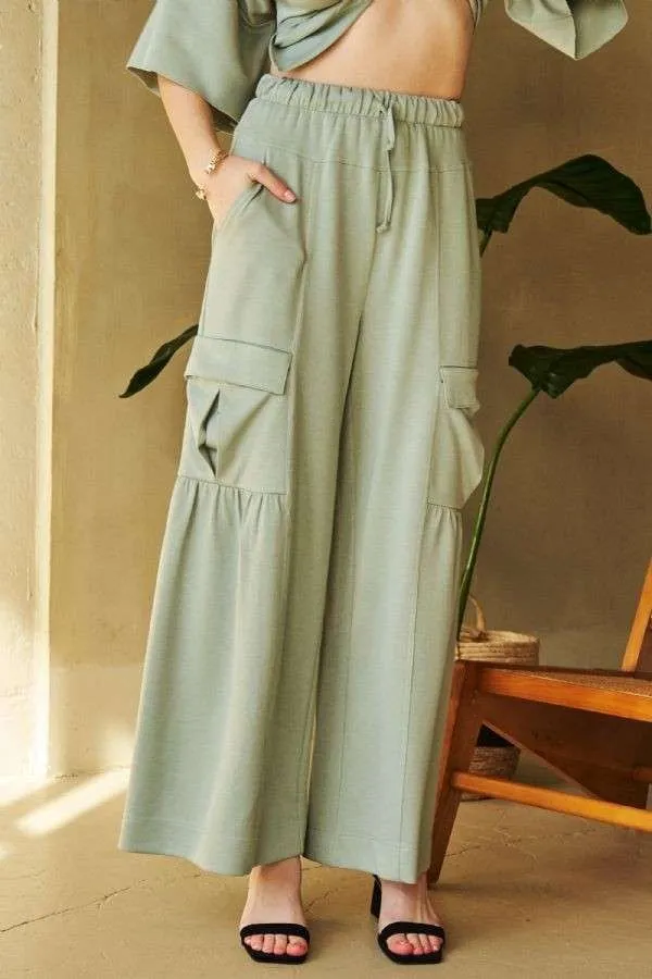 Hazel Blues® |  Davi & Dani Drawstring Ruched Detail Wide Leg Pants